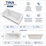 Tina de Baño Claudette de Fibra de Vidrio Blanca 1.43 x 0.81 x 0.34 Metros Piso Antideslizante