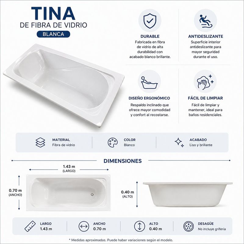 Tina de Baño Claudette de Fibra de Vidrio Blanca 1.43 x 0.81 x 0.34 Metros Piso Antideslizante