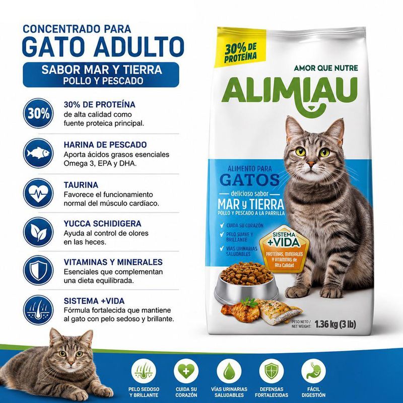 Concentrado para Gato Adulto Sabor Mar y Tierra Pollo y Pescado con Proteínas y Minerales 1.36 Kg