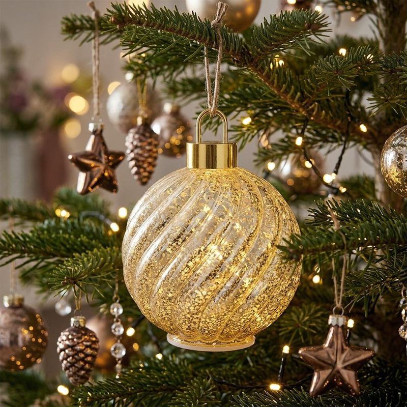 Esfera Navideña de 25 Cm Vidrio Texturizado con Luz LED para Decoración Dorada