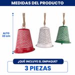 Set de 3 Cascabeles Colgantes Navideños de Metal 33 Cm Diseño Perforado Rojo, Verde y Blanco