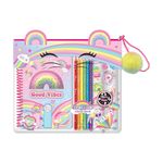 Diario para Colorear Temática Arcoíris Good Vibes con Lápices Borrables y Cinta Fosforescente