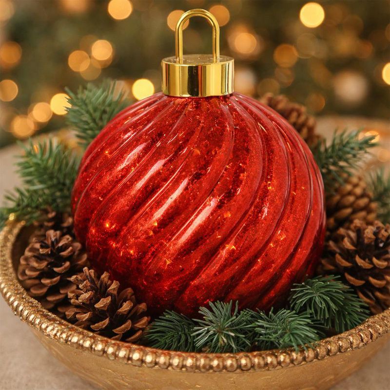 Esfera Navideña de 25 Cm Vidrio Texturizado con Luz LED para Decoración Roja