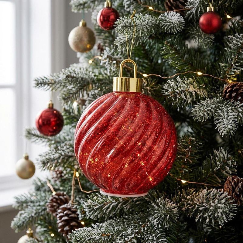 Esfera Navideña de 25 Cm Vidrio Texturizado con Luz LED para Decoración Roja