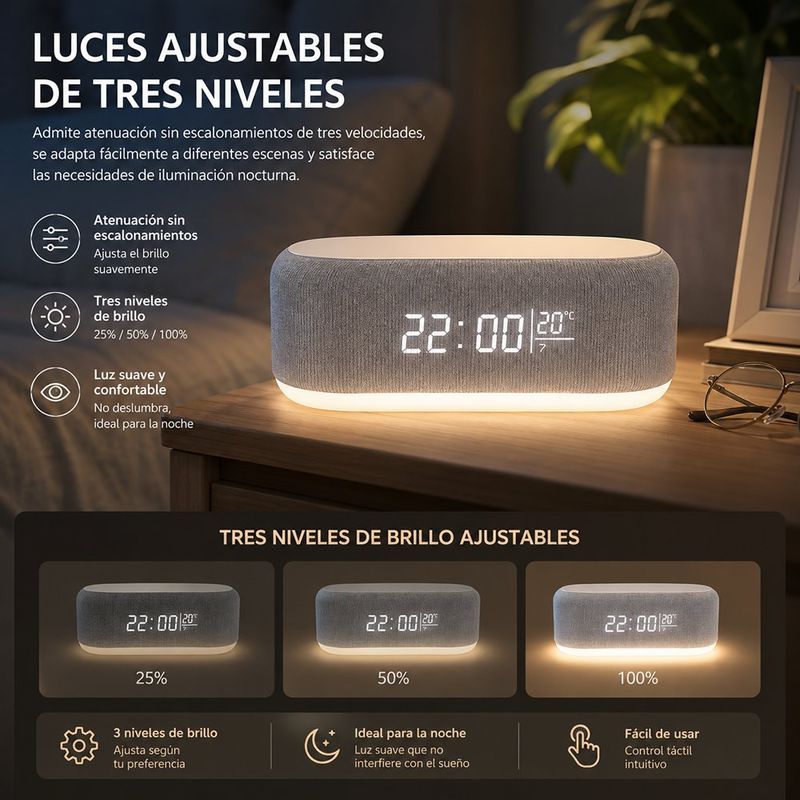 Reloj Despertador 5 en 1 con Bocina Bluetooth, Carga Inalámbrica y Luz RGB