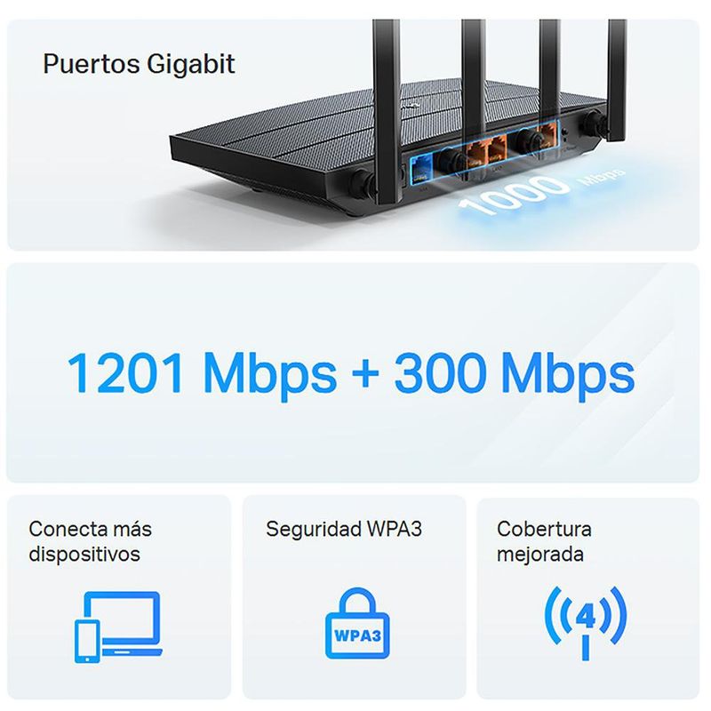 Router Wi-Fi 6 AX1500 de Doble Banda con 4 Antenas en Color Negro