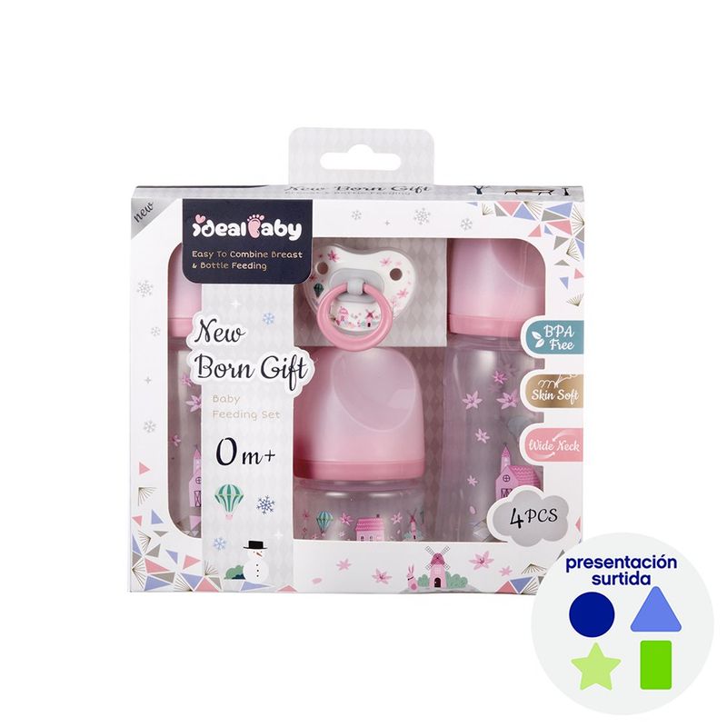 Set de Regalo para Recién Nacido 4 Piezas con Biberones y Chupón - Colores Surtidos