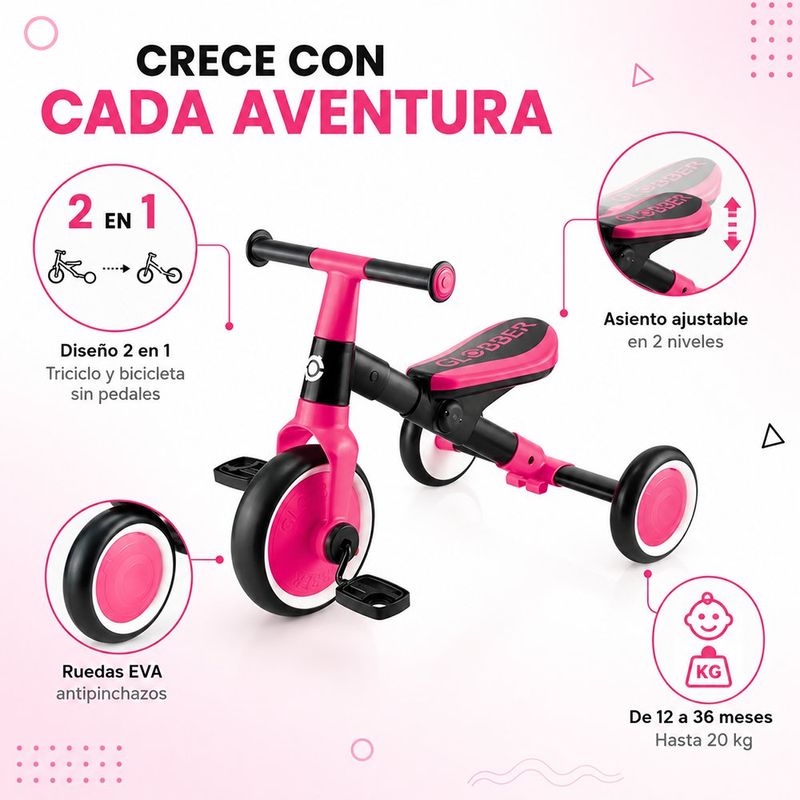 Triciclo de Aprendizaje 2 en 1 Convertible a Bicicleta Fucsia y Negro