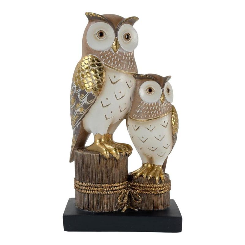 Búhos Grande y Pequeño Decorativo Blanco y Dorado de Cerámica 14.7 x 9 x 26.5 Cm