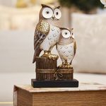 Búhos Grande y Pequeño Decorativo Blanco y Dorado de Cerámica 14.7 x 9 x 26.5 Cm