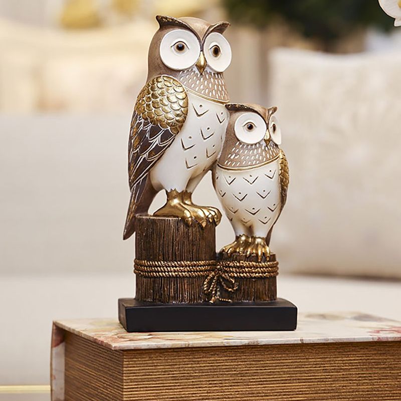 Búhos Grande y Pequeño Decorativo Blanco y Dorado de Cerámica 14.7 x 9 x 26.5 Cm