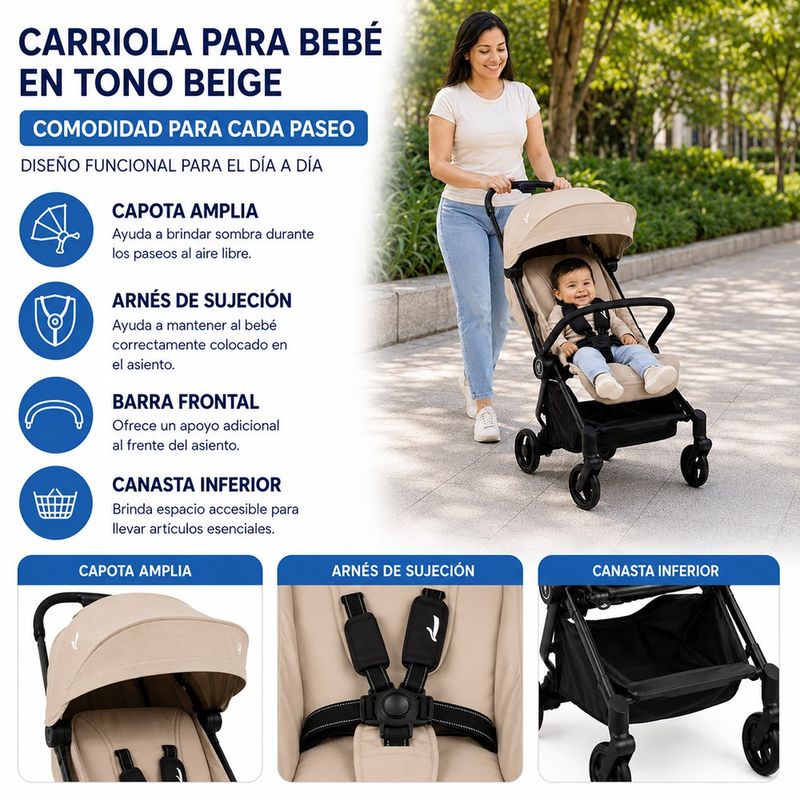 Carruaje de Paseo para Bebé Nano Compacto y Reclinable en Color Beige y Negro