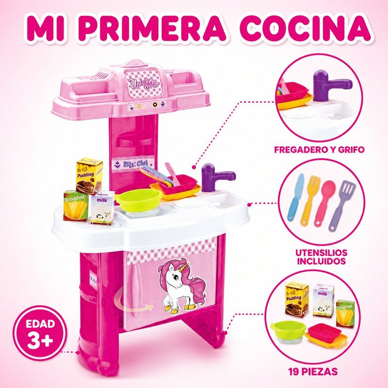Cocina de Juguete Infantil con Diseño de Unicornio, 19 Piezas y Accesorios Color Rosado