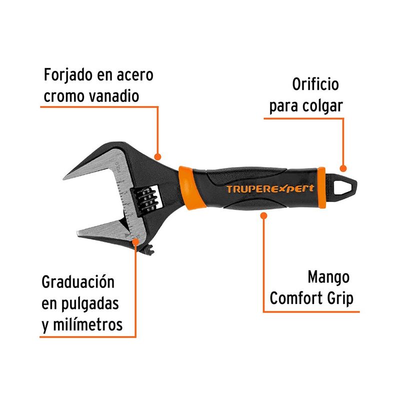 Llave Ajustable Perico de 6 plg con Mango Confortable de Boca Ancha