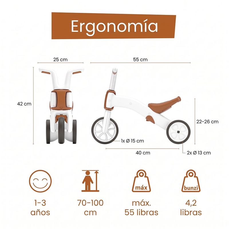 Bicicleta Infantil 2 en 1 Convertible a Triciclo de Equilibrio Color Café y Blanco