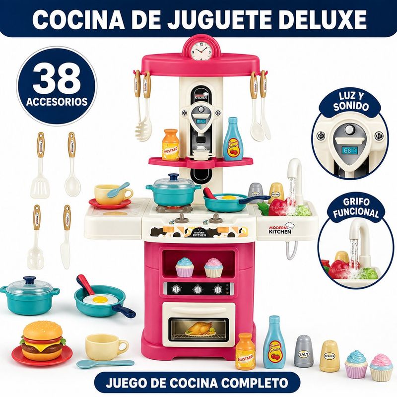 Cocina de Juguete Deluxe con Luz, Sonido, Grifo Funcional y 38 Accesorios Color Rosa
