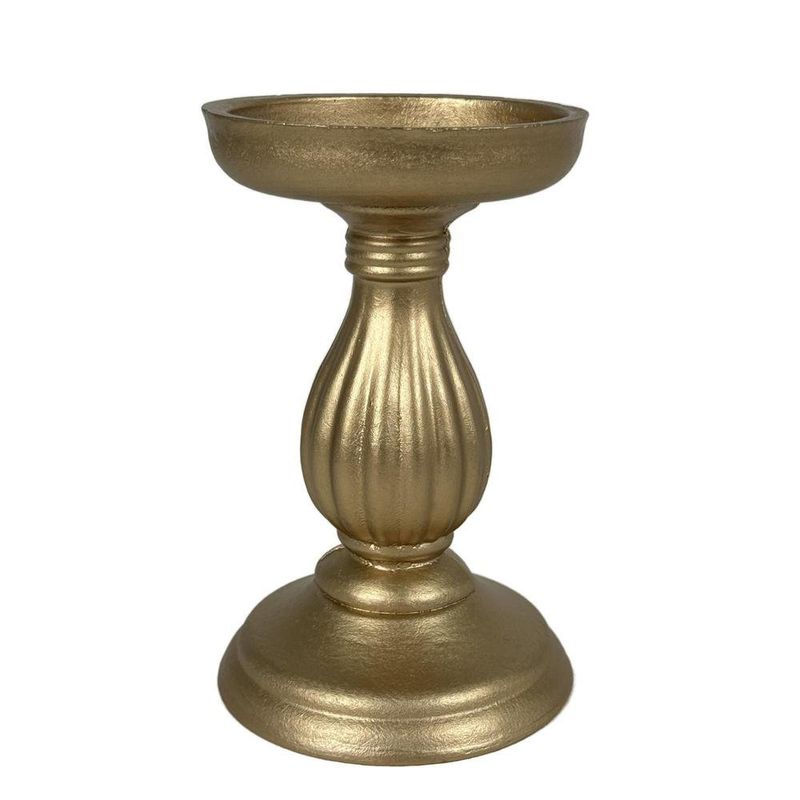 Portavela Decorativo de Madera con Base Amplia 17 cm Color Dorado