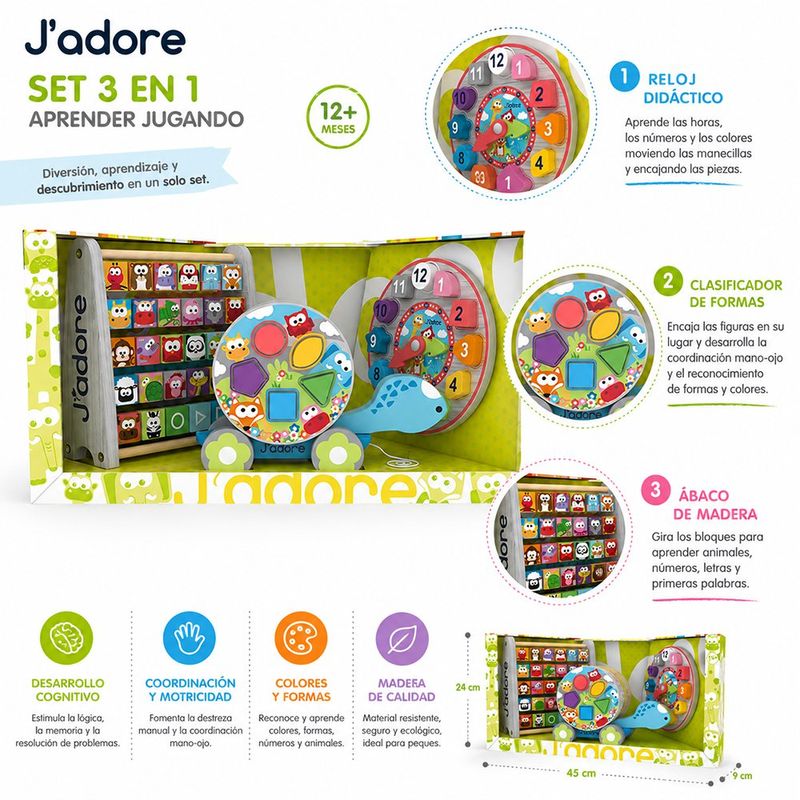 Set de Regalo Preescolar 3 en 1 con Reloj Didáctico, Clasificador de Formas y Ábaco de Madera