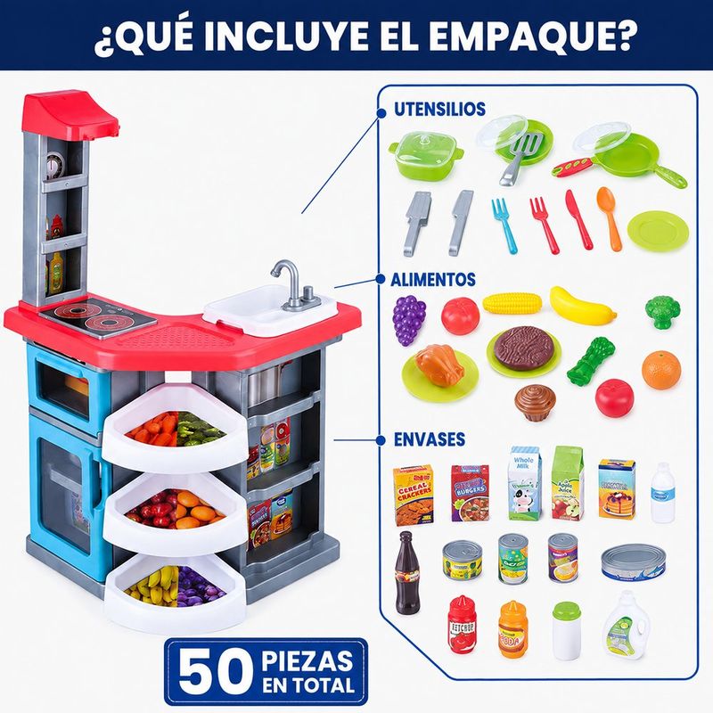 Cocina de Juguete Gourmet Kitchenette con Lavaplatos Funcional, Horno con Luz y 50 Accesorios
