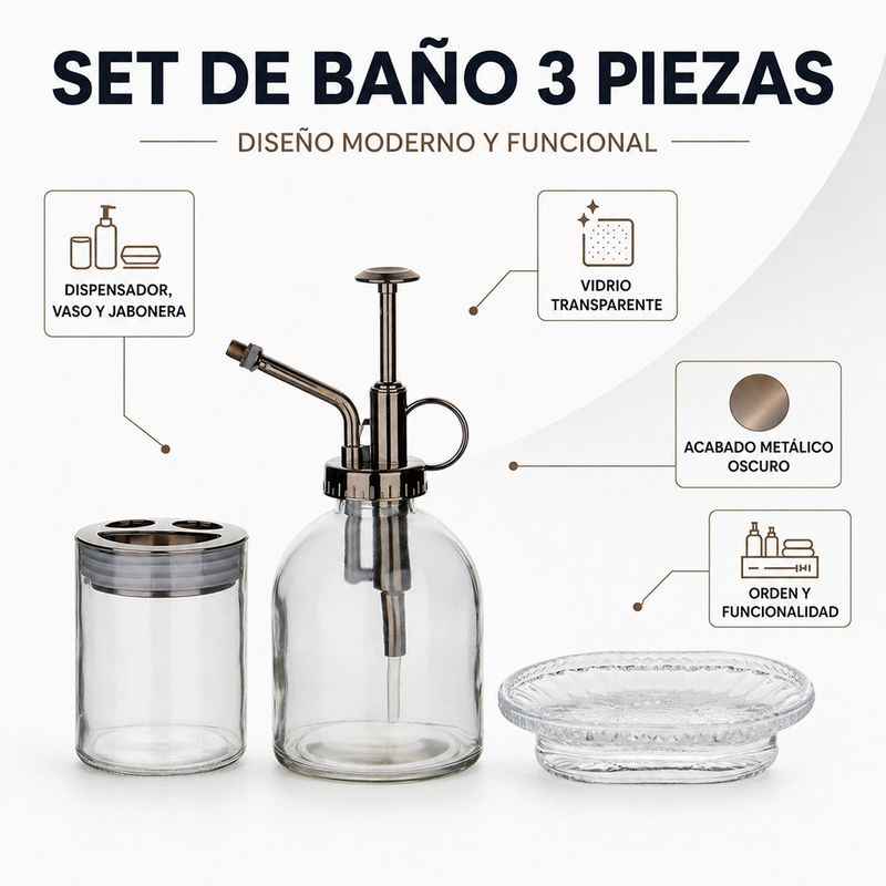 Set de Accesorios para Baño de Vidrio y Metal Color Transparente 3 Piezas