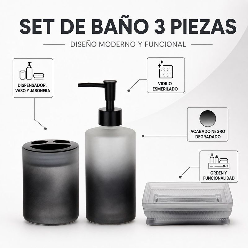 Set de Accesorios para Baño de Vidrio Acabado Mate Color Negro 3 Piezas