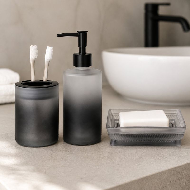 Set de Accesorios para Baño de Vidrio Acabado Mate Color Negro 3 Piezas