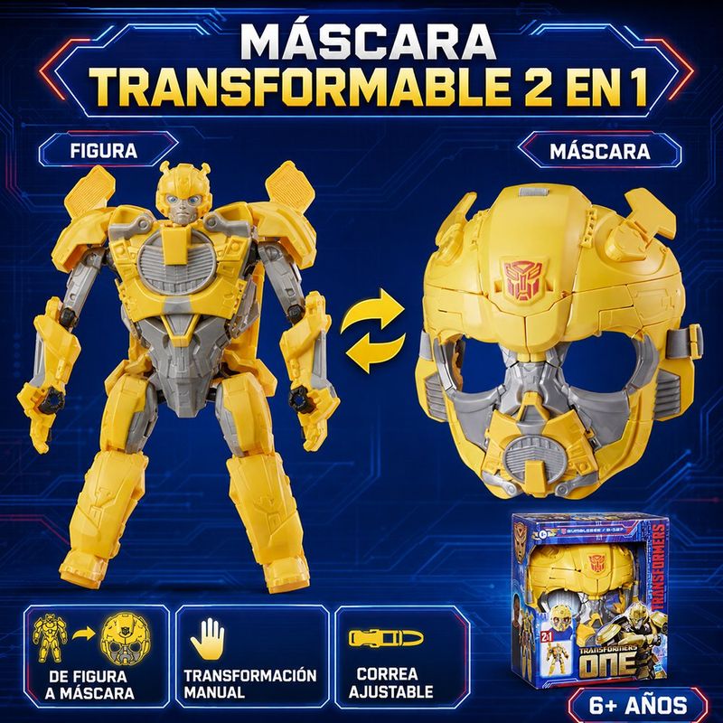 Máscara 2 en 1 de Transformers One Bumblebee con Correa Ajustable para Juego de Rol