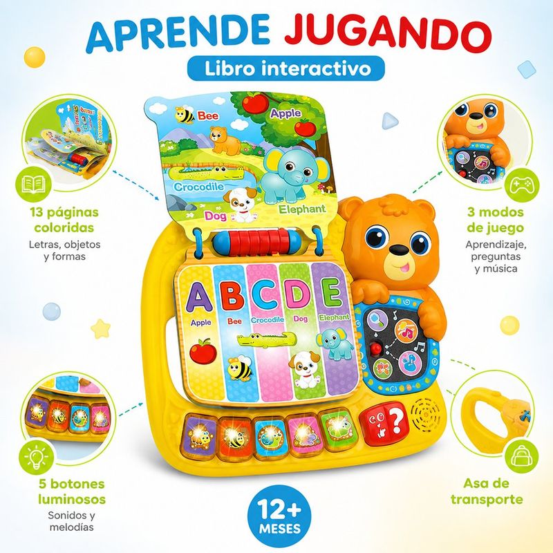 Libro de Actividades Interactivo con 13 Páginas, 3 Modos de Juego y Botones Luminosos