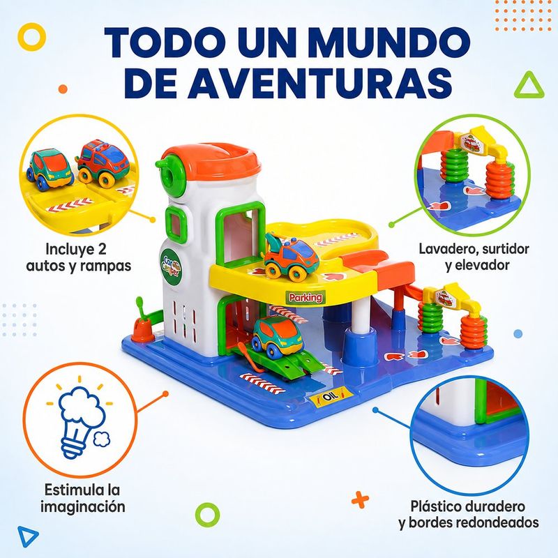 Set Centro de Servicio de Juguete con 2 Autos, Rampas, Lavadero y Elevador