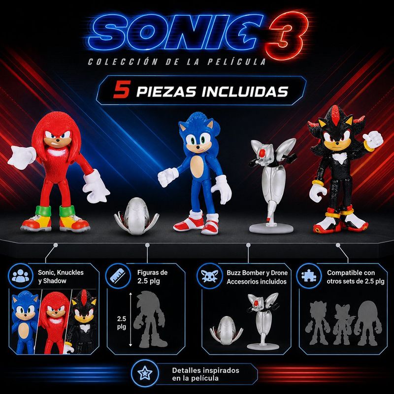 Set de Figuras de la Película Sonic 3 con Sonic, Shadow y Knuckles 2.5 Plg