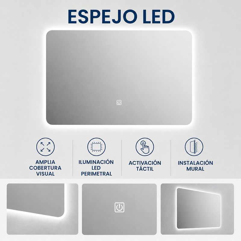 Espejo LED Rectangular 80 x 60 Cm con Iluminación Perimetral y Activación Táctil