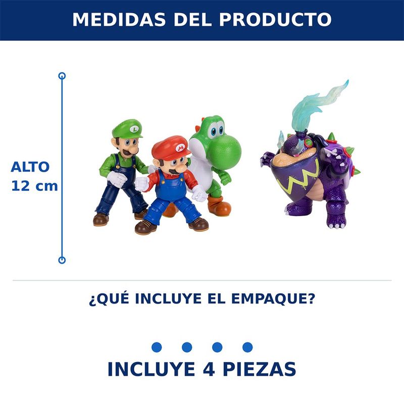 Set de 4 Figuras de Acción Super Mario, Luigi, Yoshi y Bowser de 5 Plg con Articulación