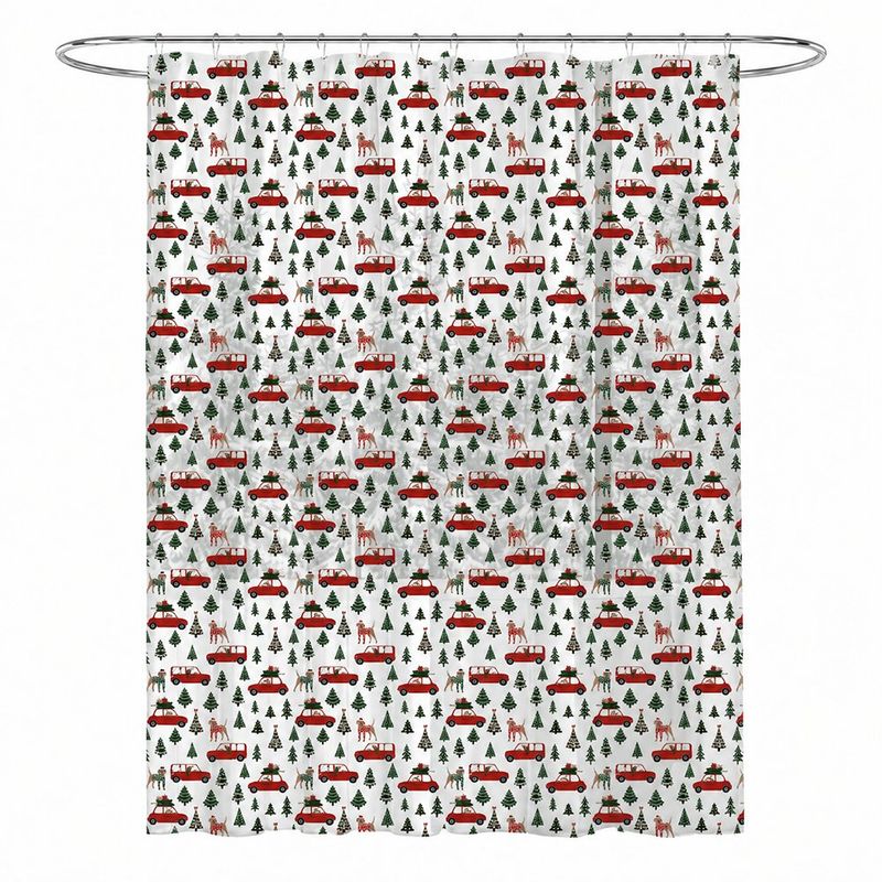 Set de Cortina de Baño con Diseños de Carritos Navideños con Liner y 12 Ganchos