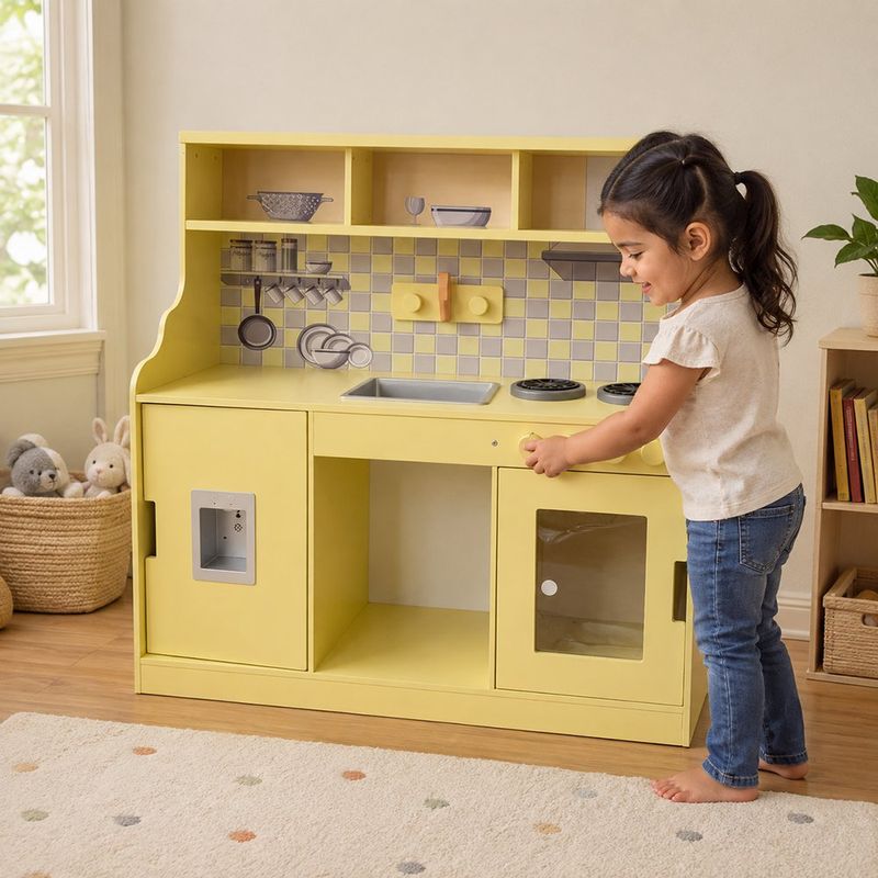 Cocina Infantil de Juguete con Refrigerador, Horno, Lavaplatos y Estufa Color Beige