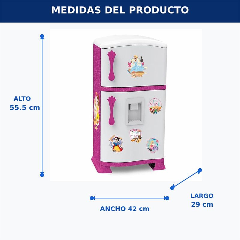 Refrigerador Infantil Temática Princesas POP con Brillantina, 2 Compartimientos y Dispensador