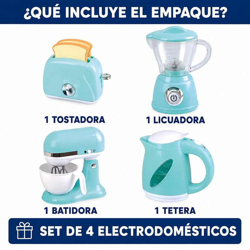 Set de Electrodomésticos de Juguete con Tostadora, Batidora, Licuadora y Tetera Color Celeste