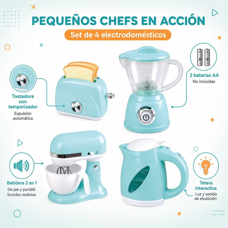 Set de Electrodomésticos de Juguete con Tostadora, Batidora, Licuadora y Tetera Color Celeste