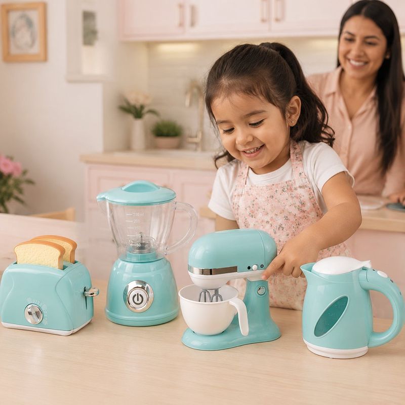 Set de Electrodomésticos de Juguete con Tostadora, Batidora, Licuadora y Tetera Color Celeste