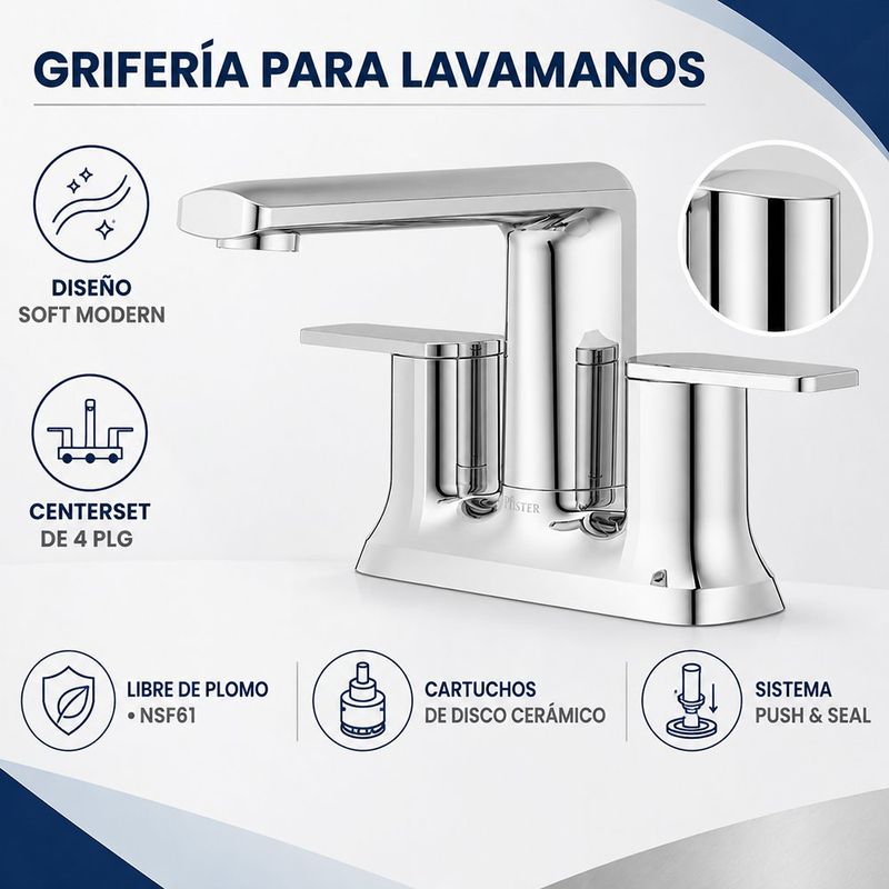 Grifo Mezclador para Lavamanos 4 Plg Cuello Recto y Bajo Cromado