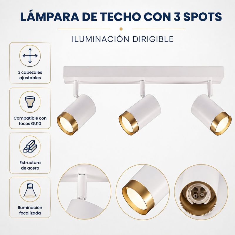 Lámpara Spot de Techo 3 Luces Base GU10 de 50W Cabezales Dirigibles para Sobreponer en Color Blanco