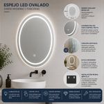 Espejo LED Ovalado 80 x 60 Cm con Luz Táctil y Función Antiempañante