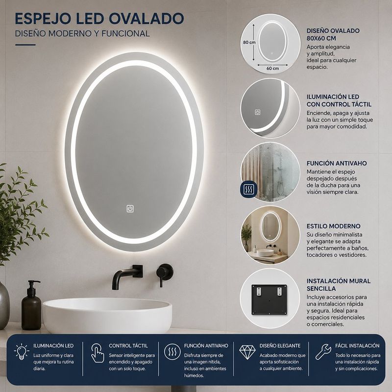 Espejo LED Ovalado 80 x 60 Cm con Luz Táctil y Función Antiempañante