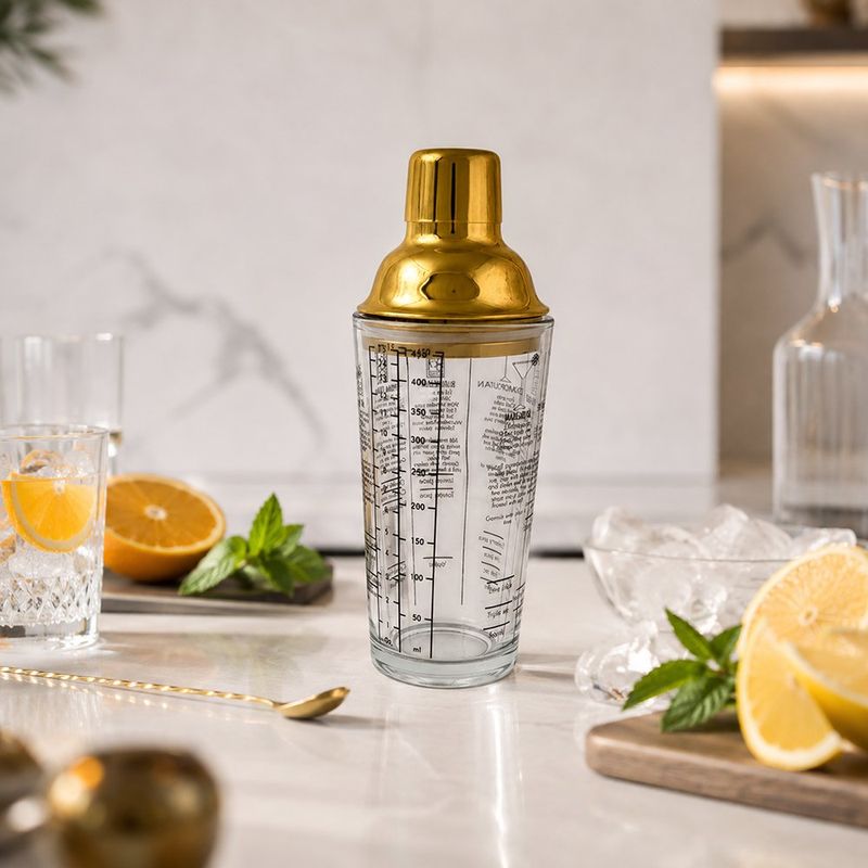 Coctelera de Vidrio de 13.5 Oz con Tapadera Metálica en Color Dorado