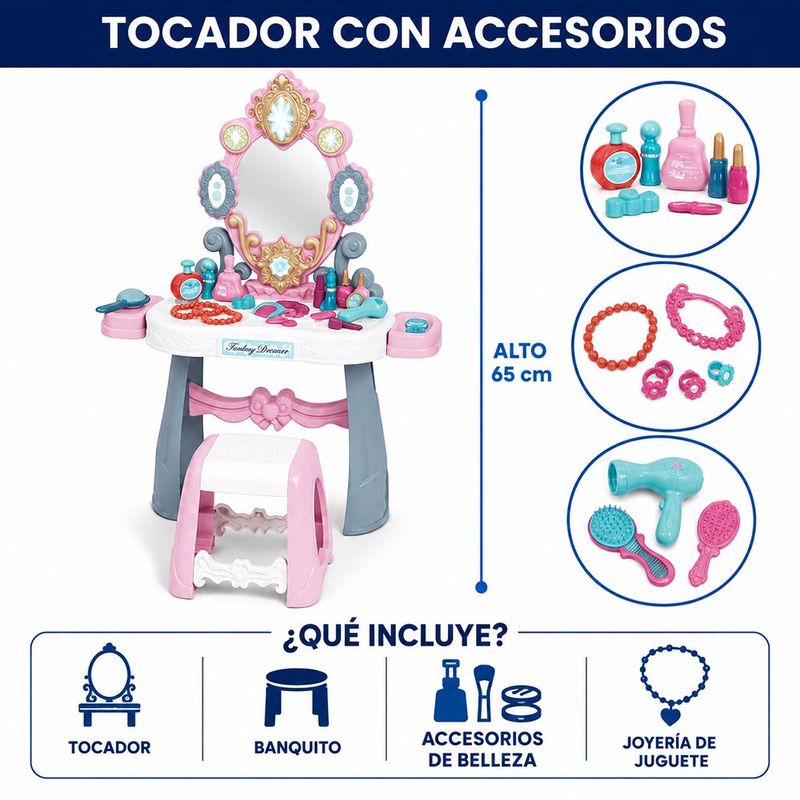 Tocador de Belleza Infantil con Espejo, Banquito y 33 Accesorios 65 Cm