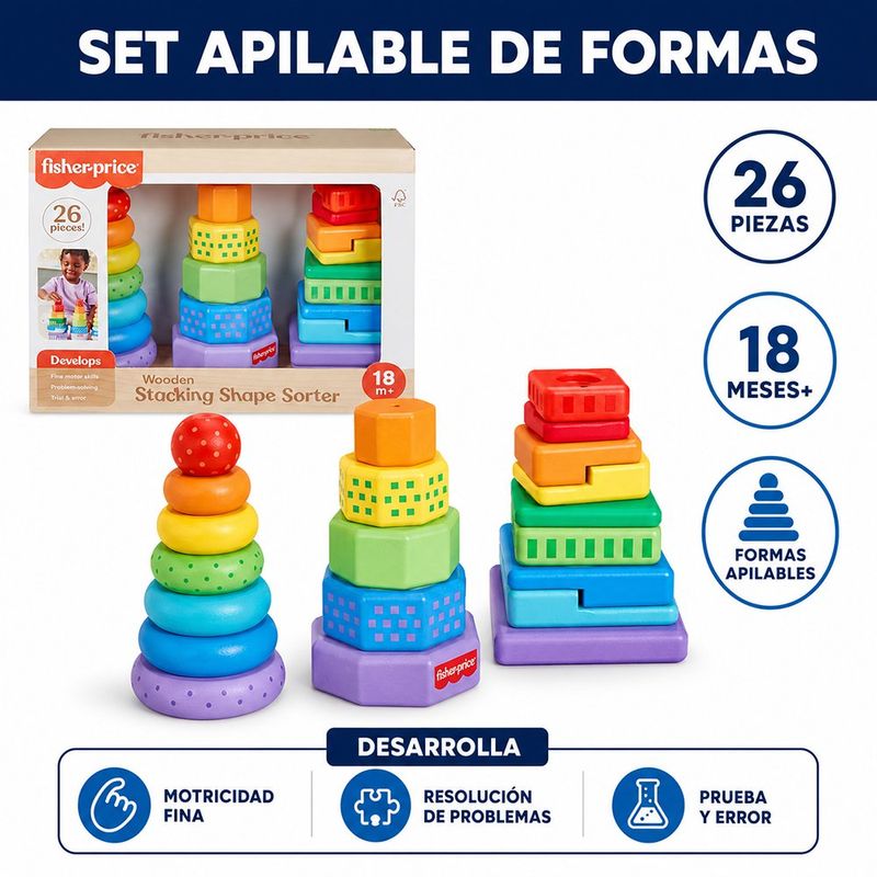 Set de 3 Torres Apilables de Madera con 26 Figuras Geométricas para Bebés