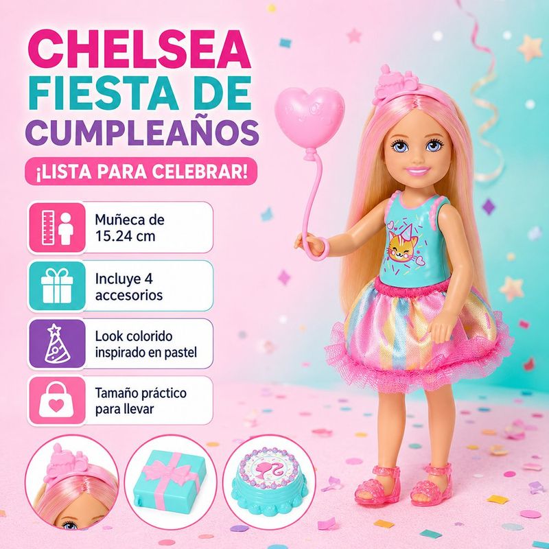 Muñeca Chelsea Cumpleaños Barbie Club con Accesorios de Fiesta