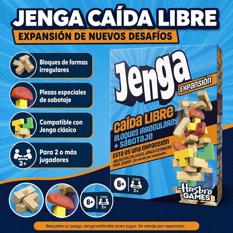 Juego de Expansión Jenga Downfall con Bloques Irregulares y Piezas de Sabotaje