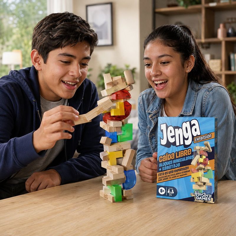 Juego de Expansión Jenga Downfall con Bloques Irregulares y Piezas de Sabotaje