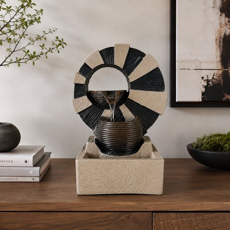 Fuente Decorativa de 24 x 16 x 39.5 Cm Color Gris y Beige con Luz Diseño Rueda