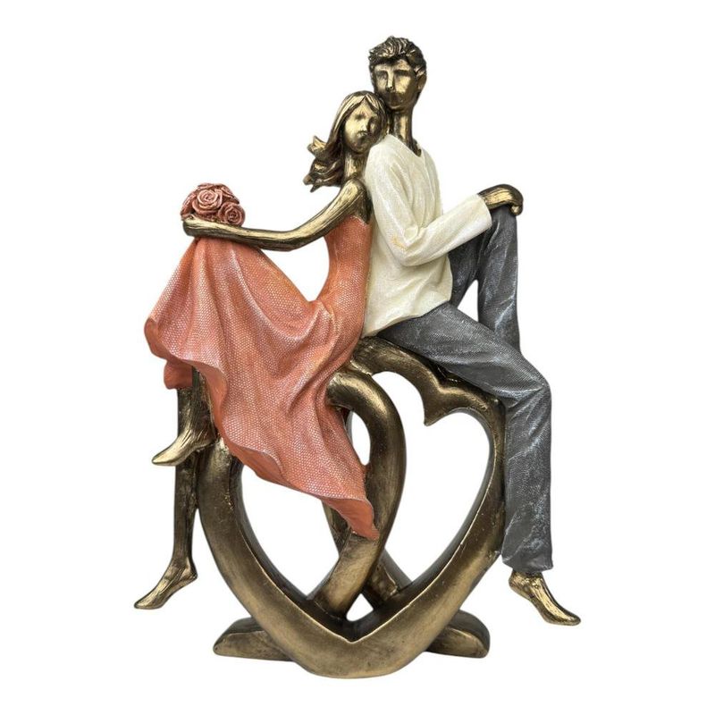 Figura Decorativa de Pareja Sobre Corazón en Poliresina y Piedra 25 Cm Tono Bronce y Durazno